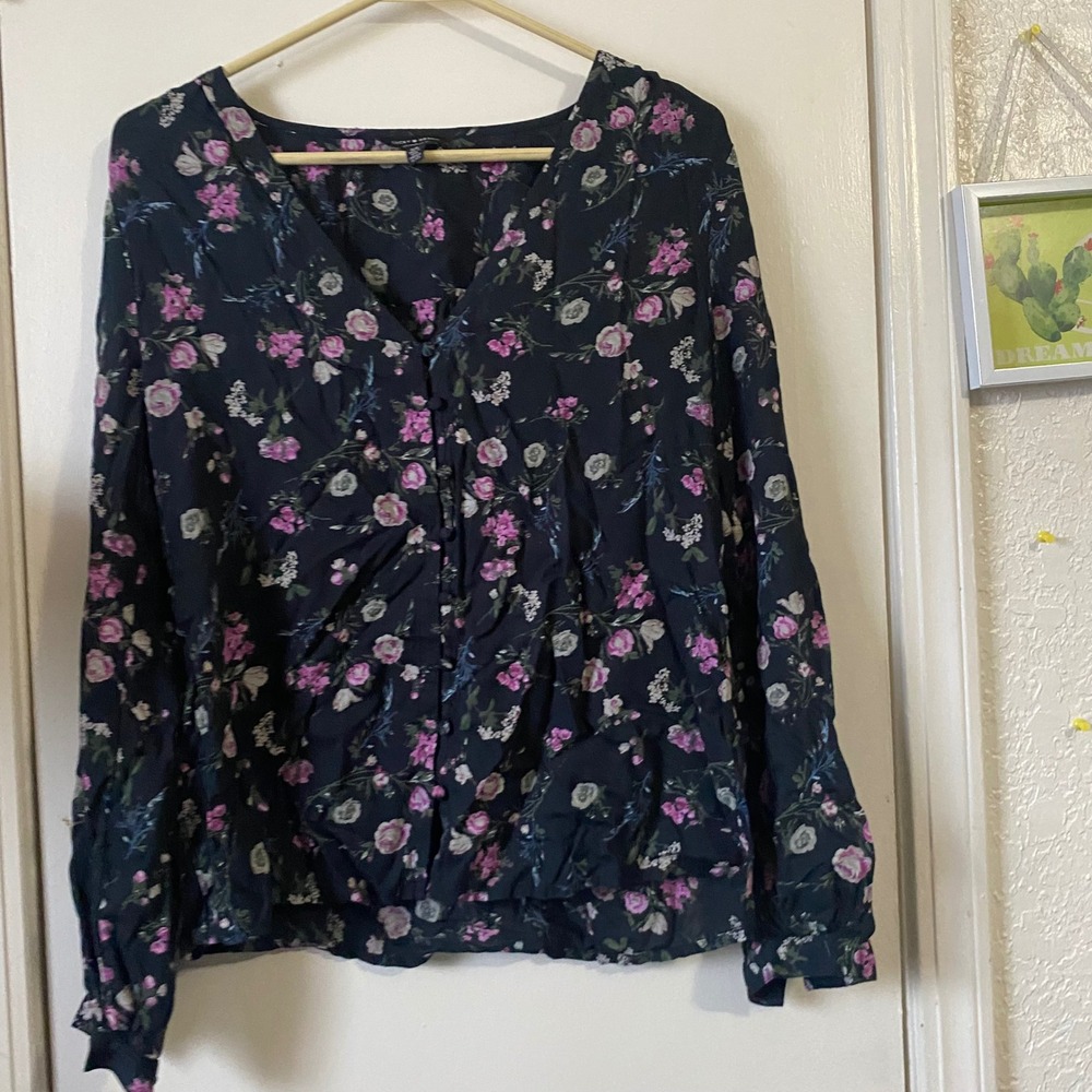 Lucky Floral Button Down Shirt Long Sleeve Pink Roses Navy Lightweight Blouse